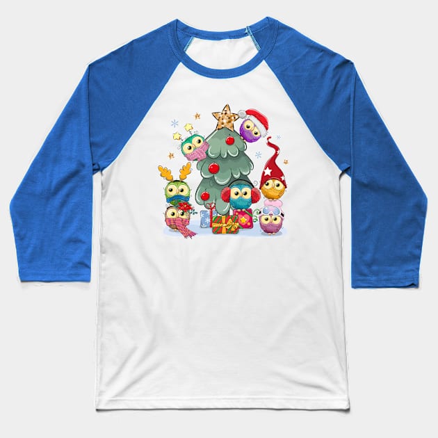 Cute Christmas tree with little colorful owls sitting on it Baseball T-Shirt by Reginast777